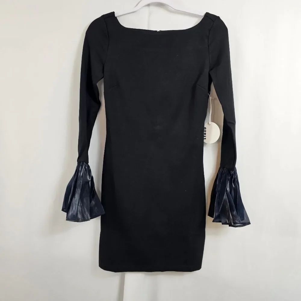 NWT Staud Hawthorne Chiffon Bell-Sleeve Mini Dress in Black - Size XS